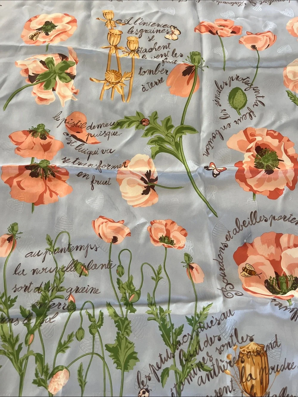 Nina Ricci Blue Scarf with Coral Floral Poppies